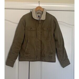 Gap Mens Trucker Jacket Khaki Canvas Size Medium Lined Sherpa Fleece